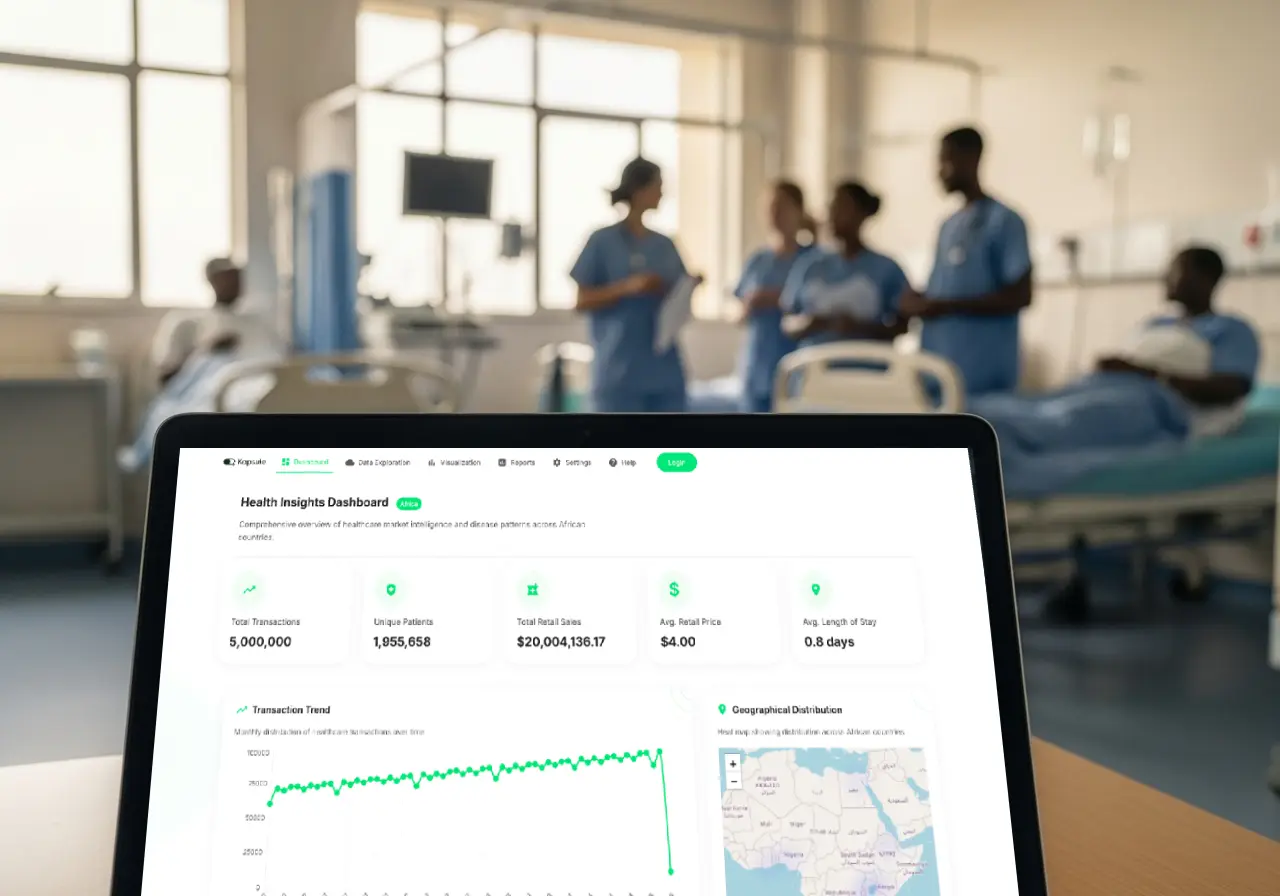 Researchers reviewing healthcare data dashboards in an African hospital